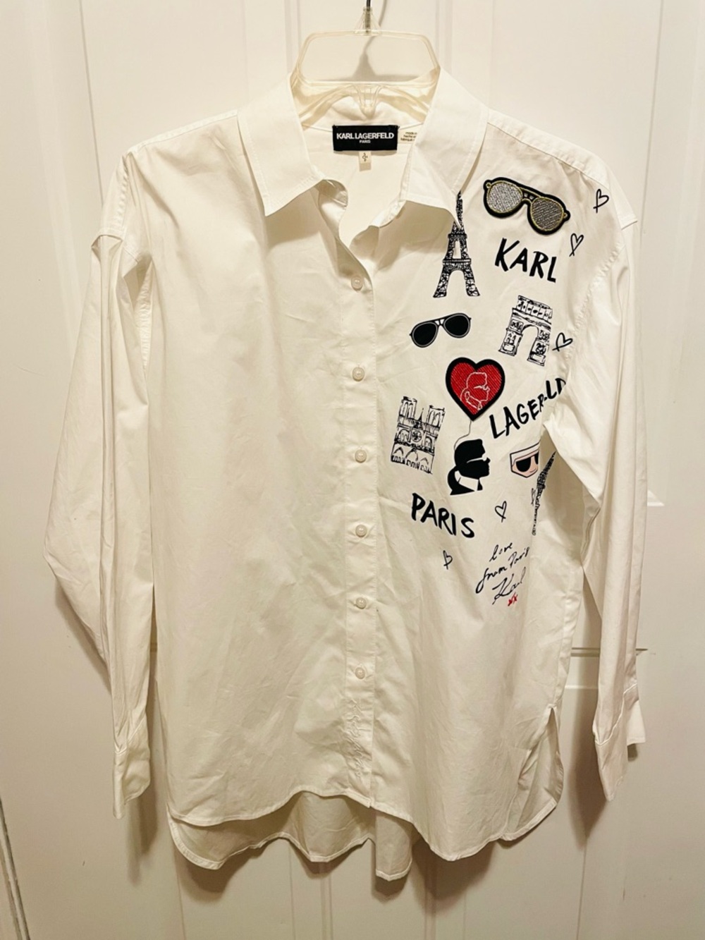 Karl Lagerfeld Oversized White Button-Down Shirt with Paris Graphic Accents